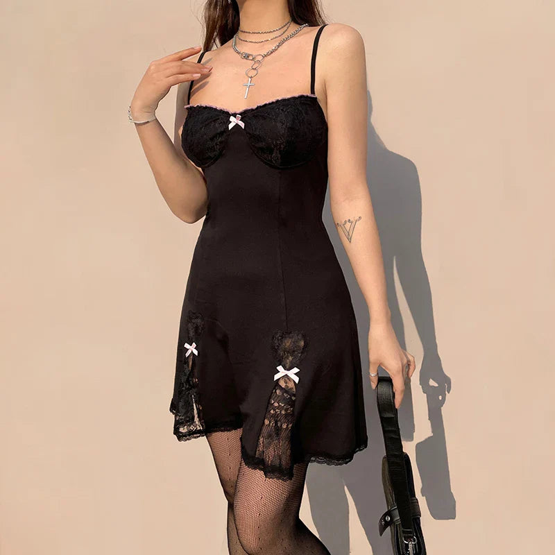 Black Gothic Lolita Style Lace Trim Sleeveless V Neck Bow Y2K Aesthetic Grunge Mini ALine Dress