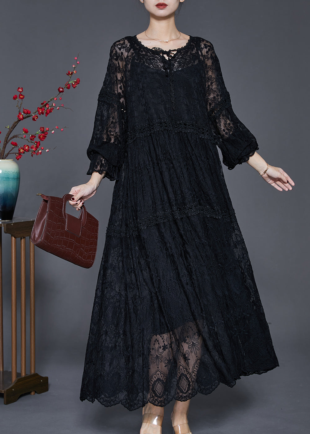 Floral Lace V-Neck Lace Up Long Sleeve Tiered Maxi Dress