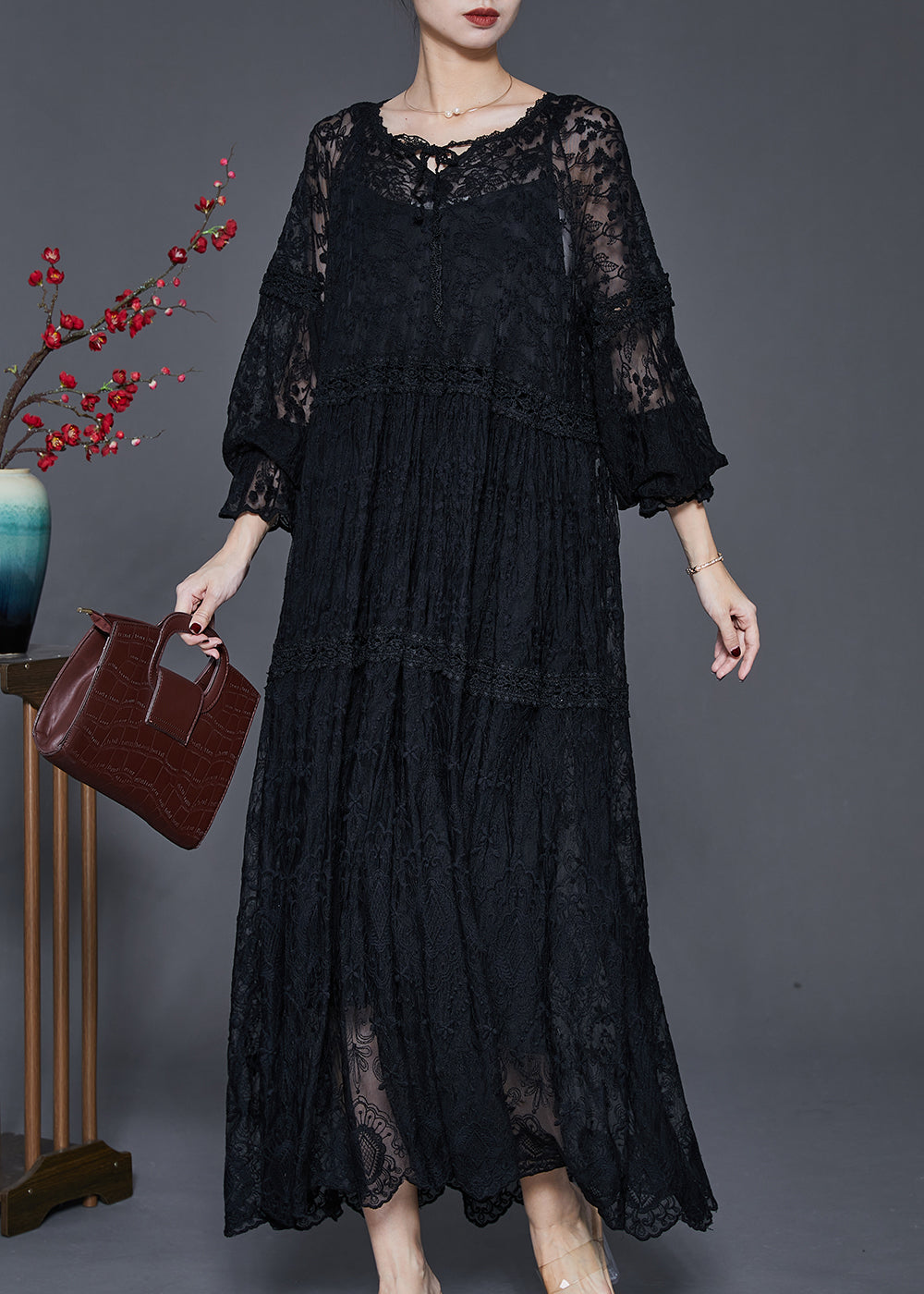 Floral Lace V-Neck Lace Up Long Sleeve Tiered Maxi Dress