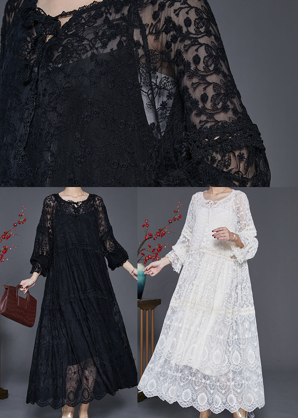 Floral Lace V-Neck Lace Up Long Sleeve Tiered Maxi Dress