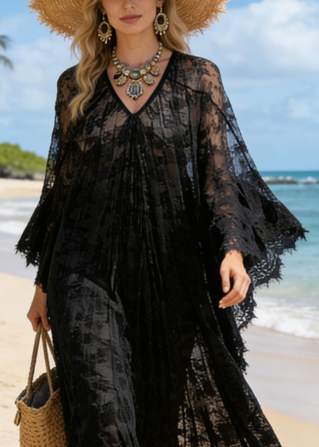 Black Hollow Out Loose Lace Maxi Dresses V Neck Summer 2