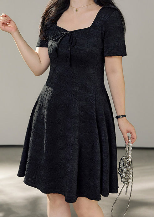 Jacquard Square Neck Tie Front Short Sleeve Fit and Flare Mini Dress
