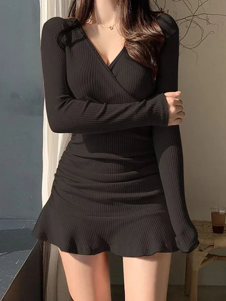 Ribbed Knit V-Neck Wrap Long Sleeve Ruched Ruffle Hem Bodycon Mini Dress 2