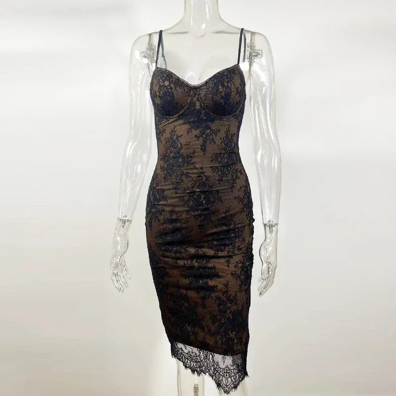 Sheer Floral Lace Spaghetti Strap Scalloped Hem Bodycon Midi Dress 6