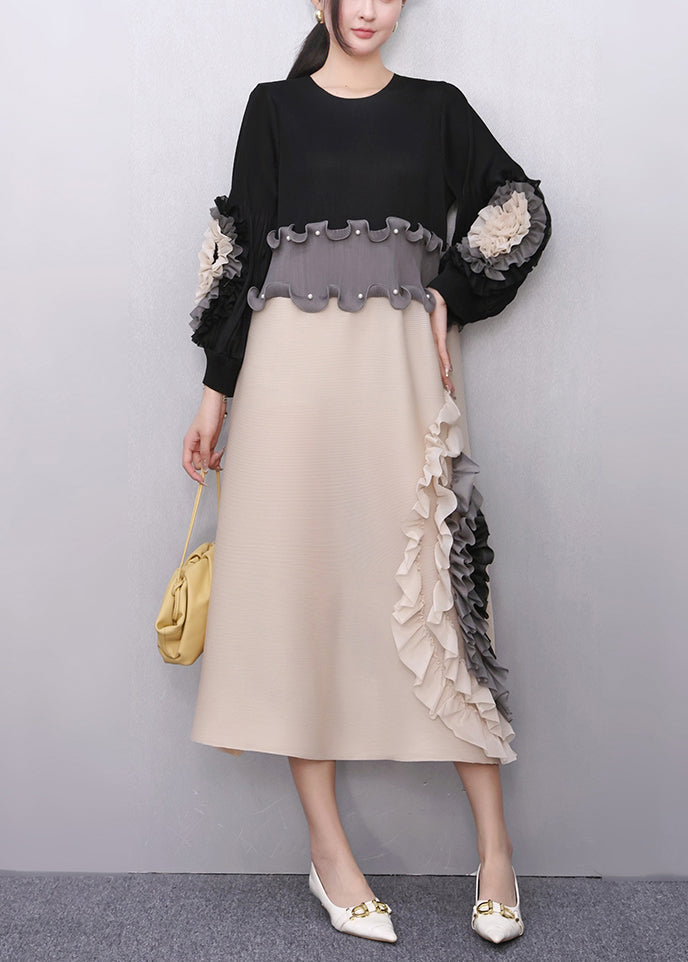 Contrast Ruffle Trim Beaded Crew Neck Long Sleeve Pleated Midi Dress