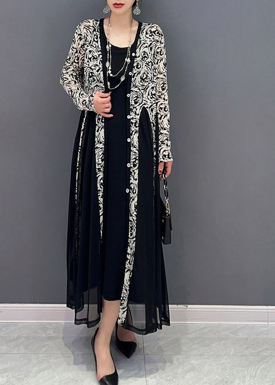 Swirl Print Long Sleeve Button Front Mesh Panel Midi Dress