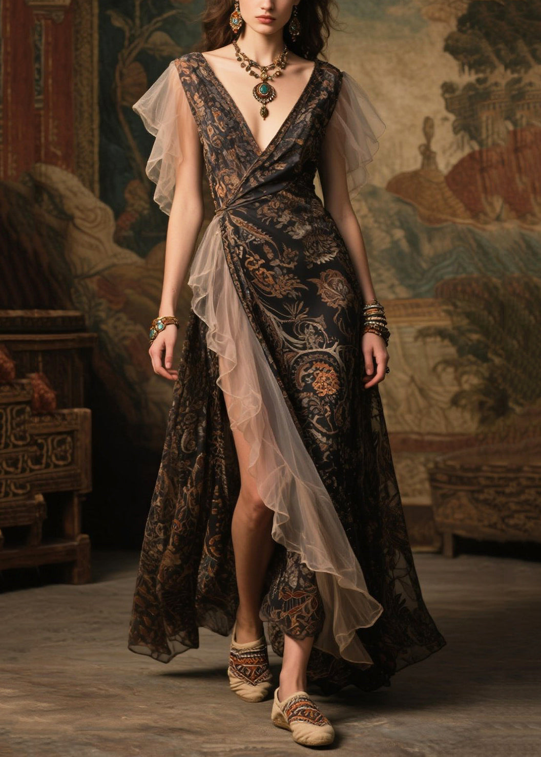 Paisley Print Wrap Deep V-Neck Sheer Butterfly Sleeve Ruffle Trim High Split Maxi Gown