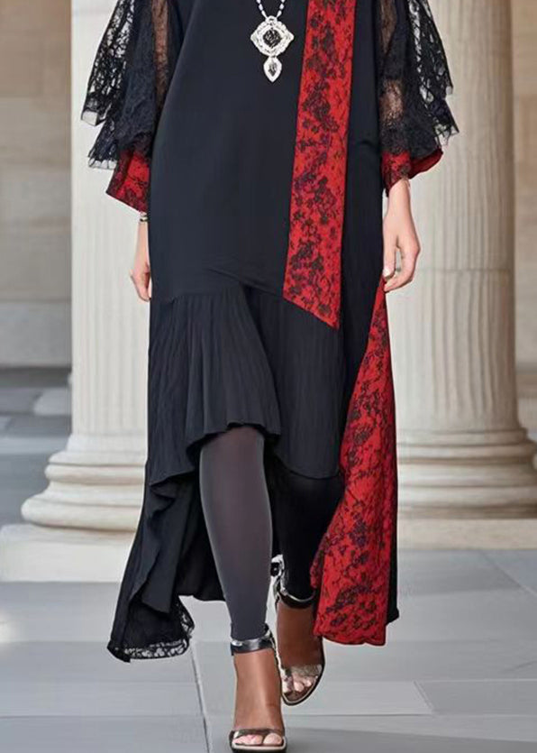 Lace Deep V-Neck Bell Sleeve Floral Panel Asymmetrical High Low Maxi Dress