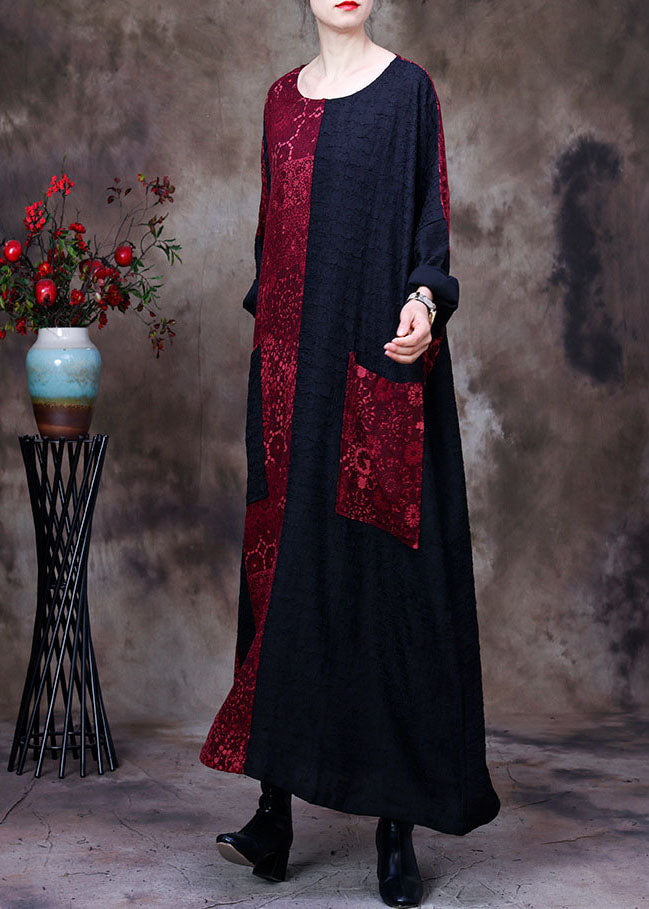 Lace Print Panel Patchwork Round Neck Long Sleeve Front Pocket Oversized Maxi Dress