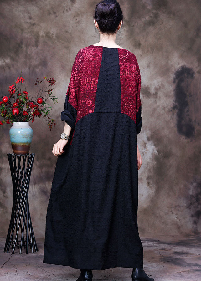 Lace Print Panel Patchwork Round Neck Long Sleeve Front Pocket Oversized Maxi Dress