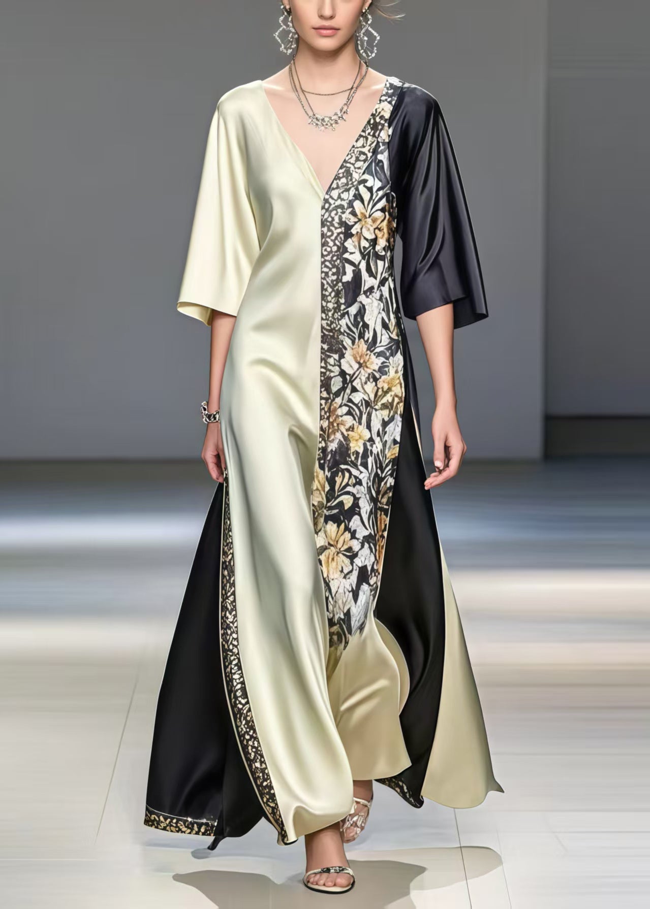 Satin Deep V-Neck Color Block Floral Panel Asymmetrical Maxi Gown