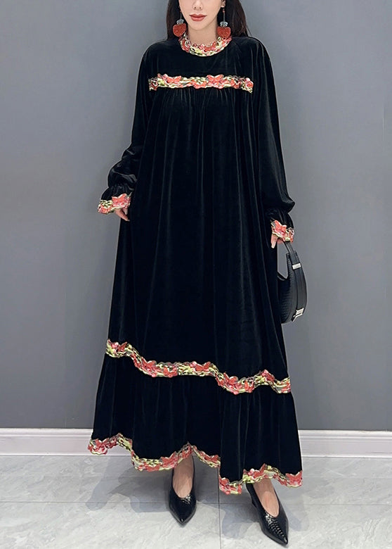 Velvet Long Sleeve Crew Neck Embroidered Band Tiered Maxi Dress