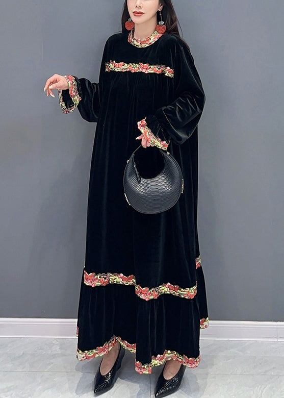 Velvet Long Sleeve Crew Neck Embroidered Band Tiered Maxi Dress