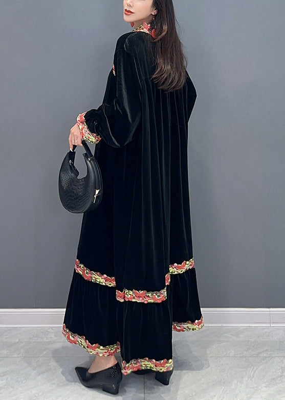 Velvet Long Sleeve Crew Neck Embroidered Band Tiered Maxi Dress