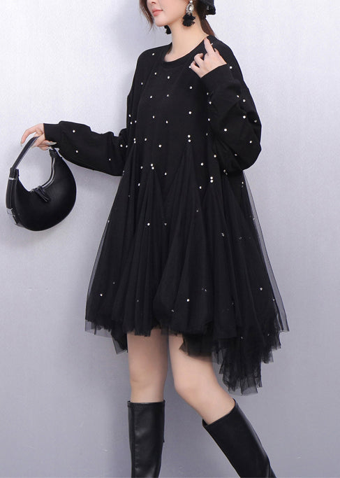 Oversized Crew Neck Pearl Embellished Tulle Tiered Mini Dress
