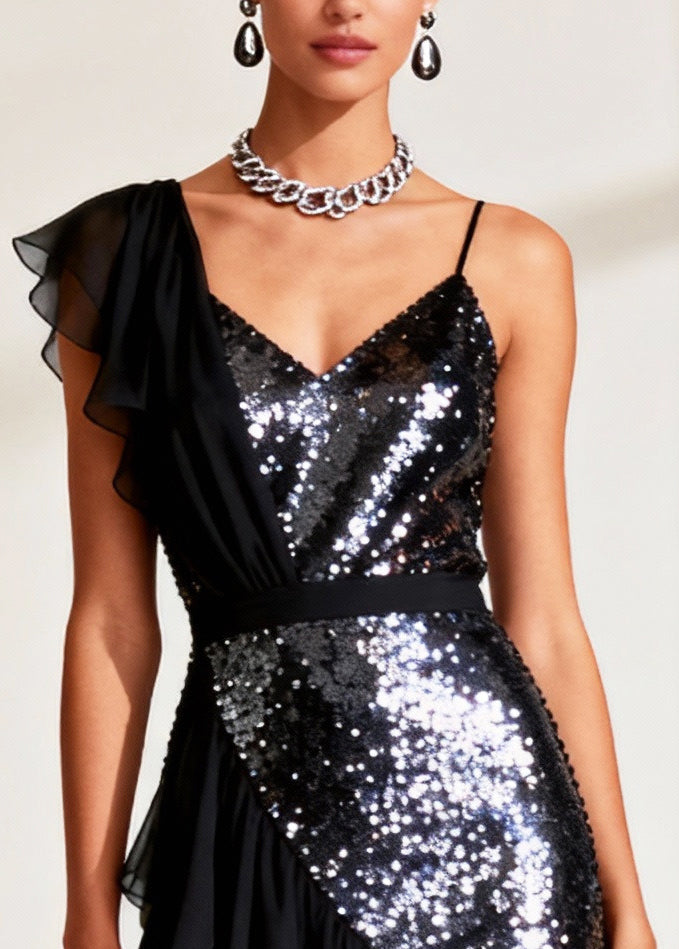 Sequin One Shoulder Ruffle Strap Sheer High Low Midi Dress