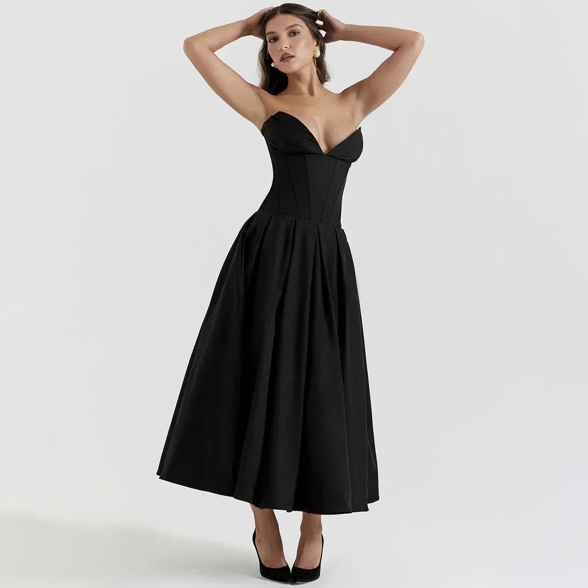 Strapless Sweetheart Corset Pleated A-Line Midi Dress