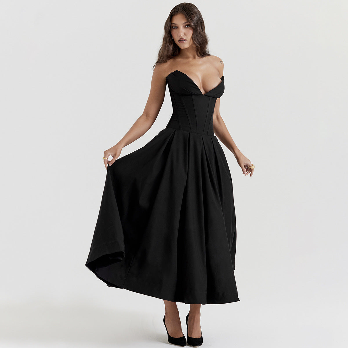 Strapless Sweetheart Corset Pleated A-Line Midi Dress