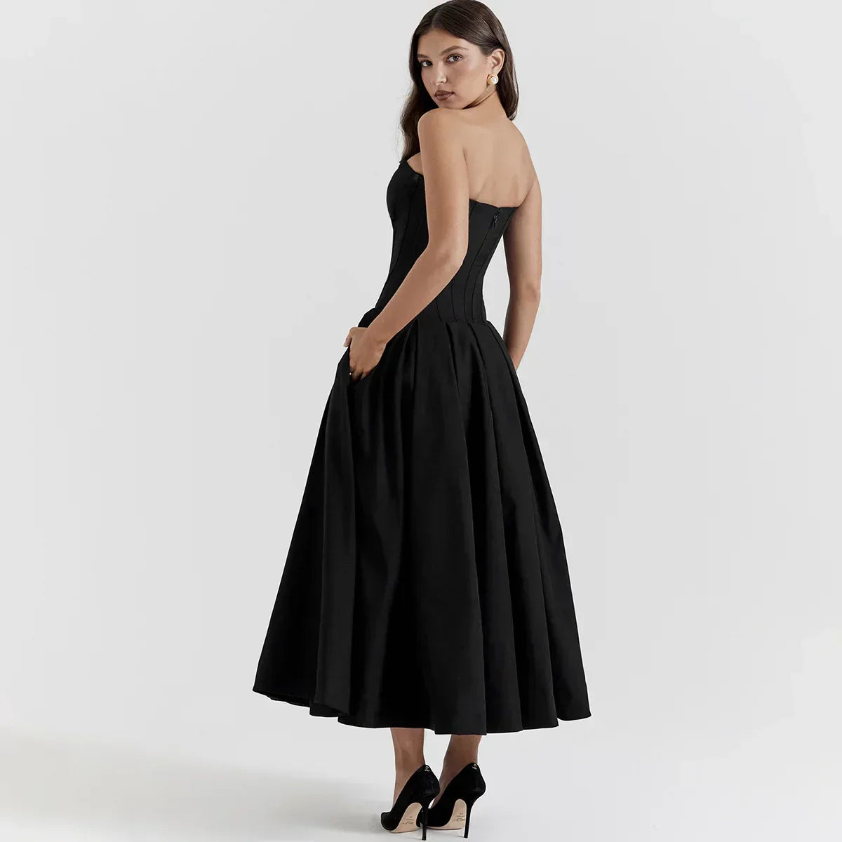 Strapless Sweetheart Corset Pleated A-Line Midi Dress