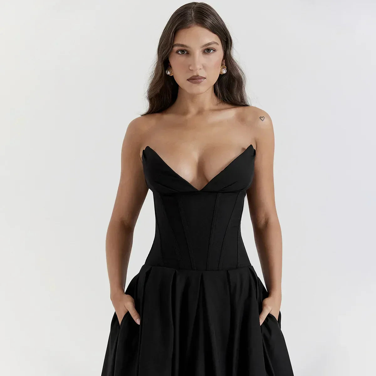 Strapless Sweetheart Corset Pleated A-Line Midi Dress