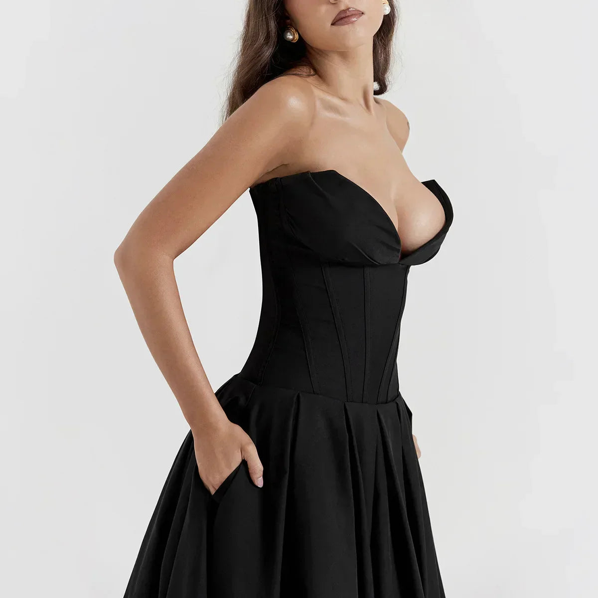 Strapless Sweetheart Corset Pleated A-Line Midi Dress