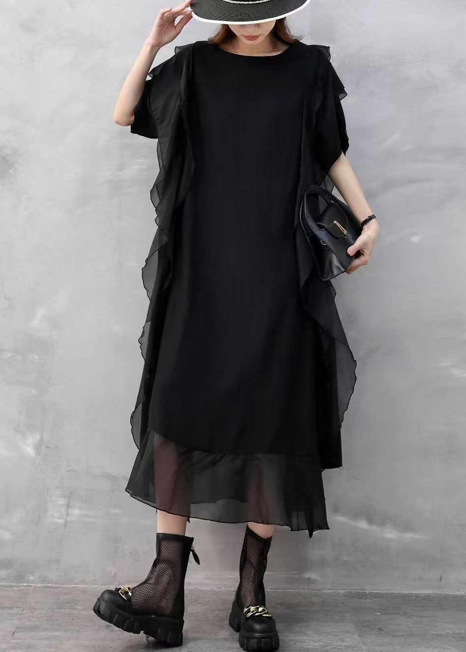 Sleeveless Chiffon Round Neck Side Ruffle Layered Hem Midi Dress