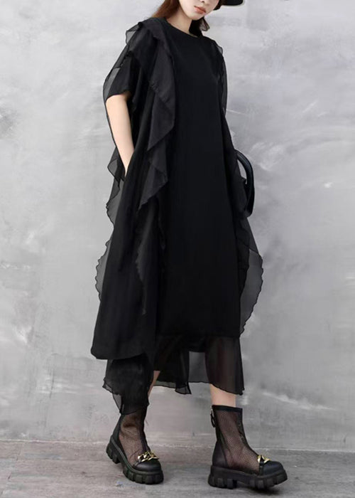 Sleeveless Chiffon Round Neck Side Ruffle Layered Hem Midi Dress