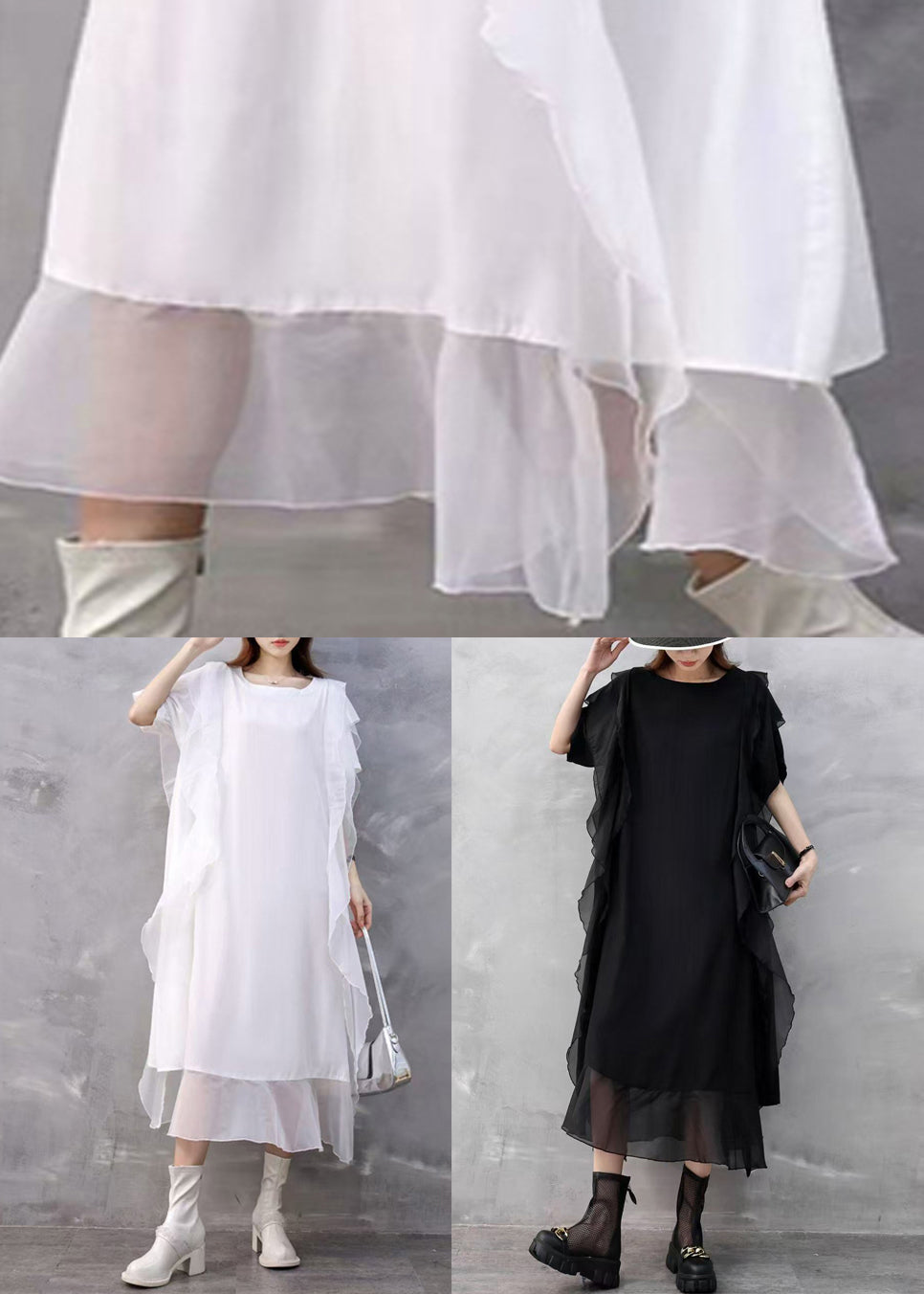Sleeveless Chiffon Round Neck Side Ruffle Layered Hem Midi Dress