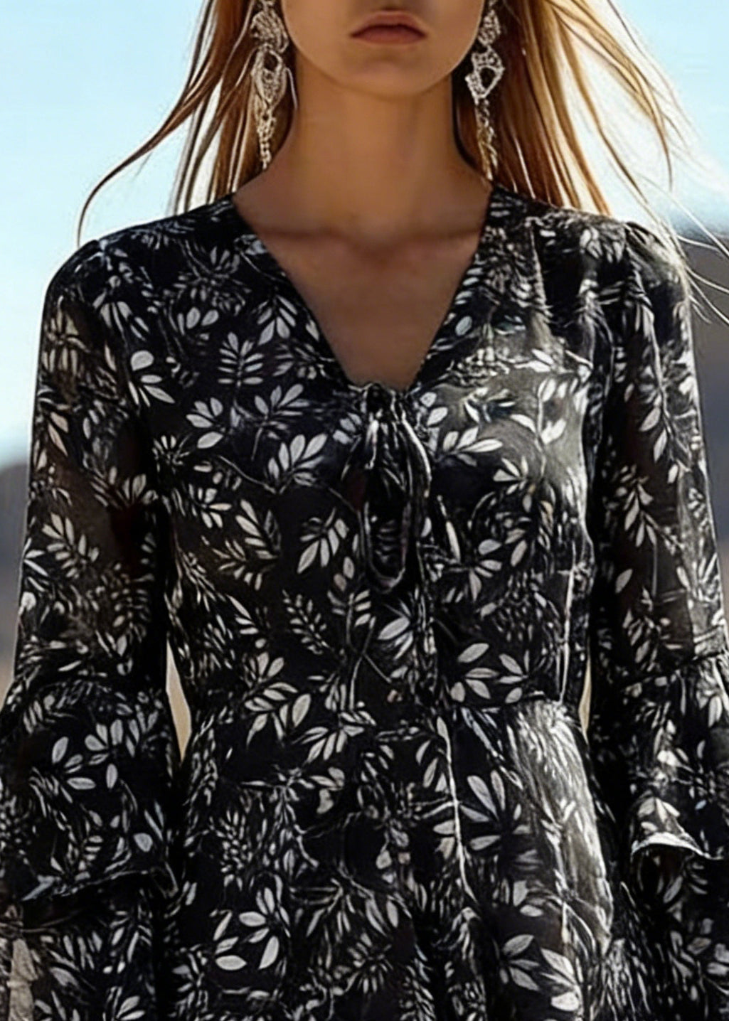 Leaf Print Tie Front Deep V-Neck Double Ruffle Sleeve A-Line Mini Dress