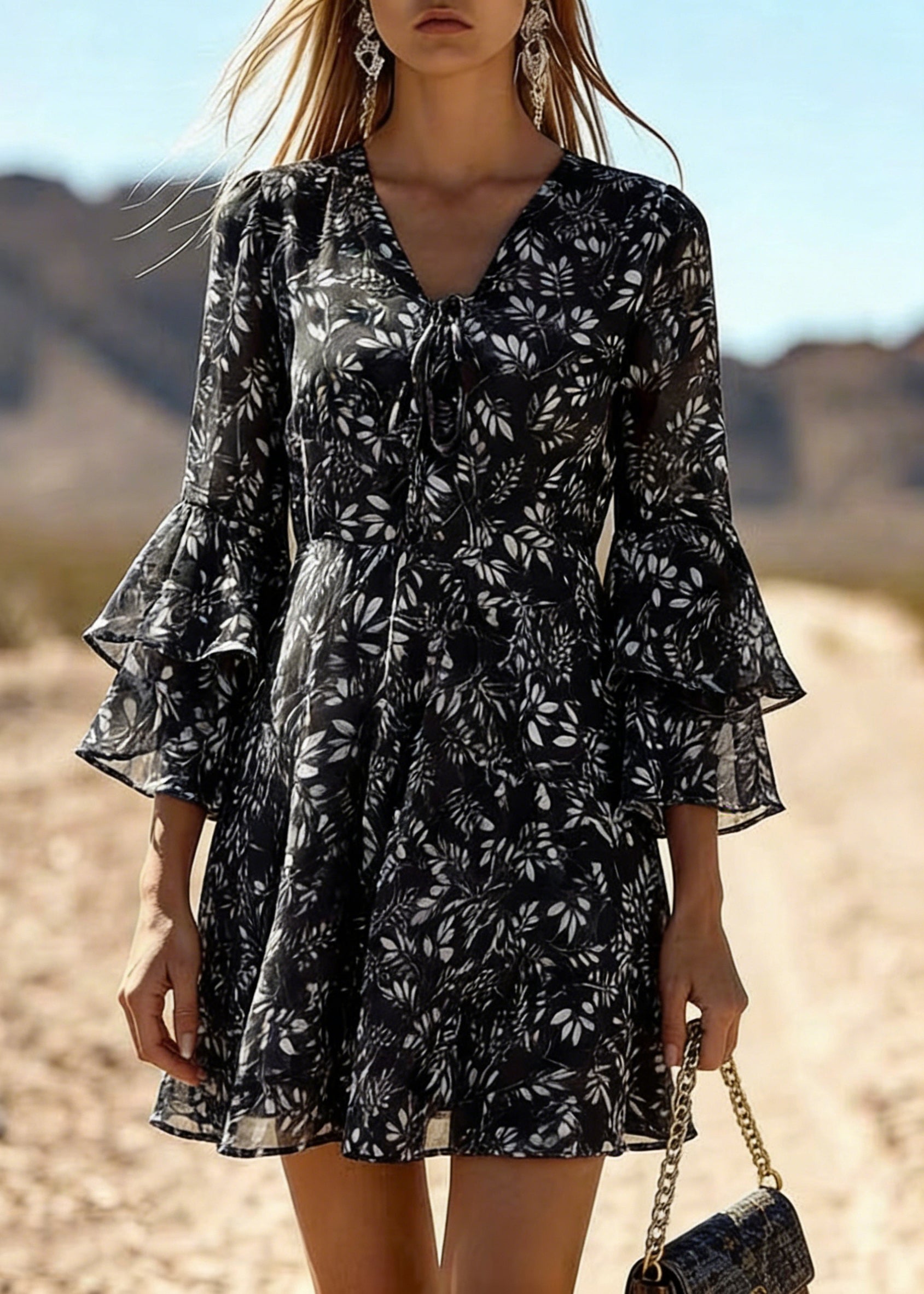 Leaf Print Tie Front Deep V-Neck Double Ruffle Sleeve A-Line Mini Dress