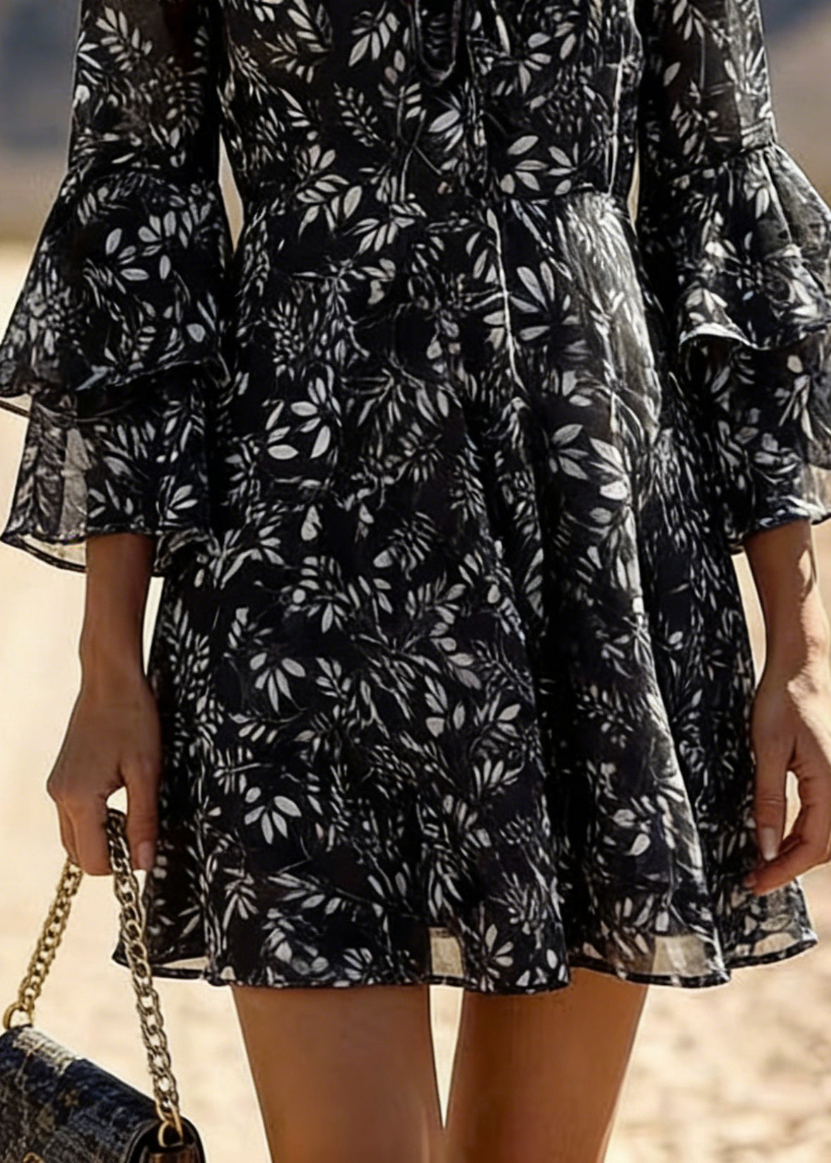 Leaf Print Tie Front Deep V-Neck Double Ruffle Sleeve A-Line Mini Dress