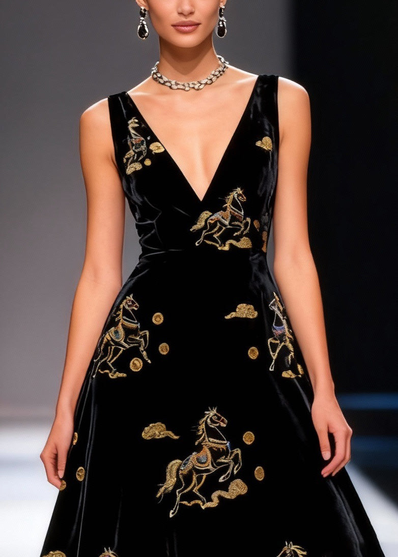 Velvet Deep V-Neck Sleeveless Horse Embroidered Lace Trim A-Line Midi Dress
