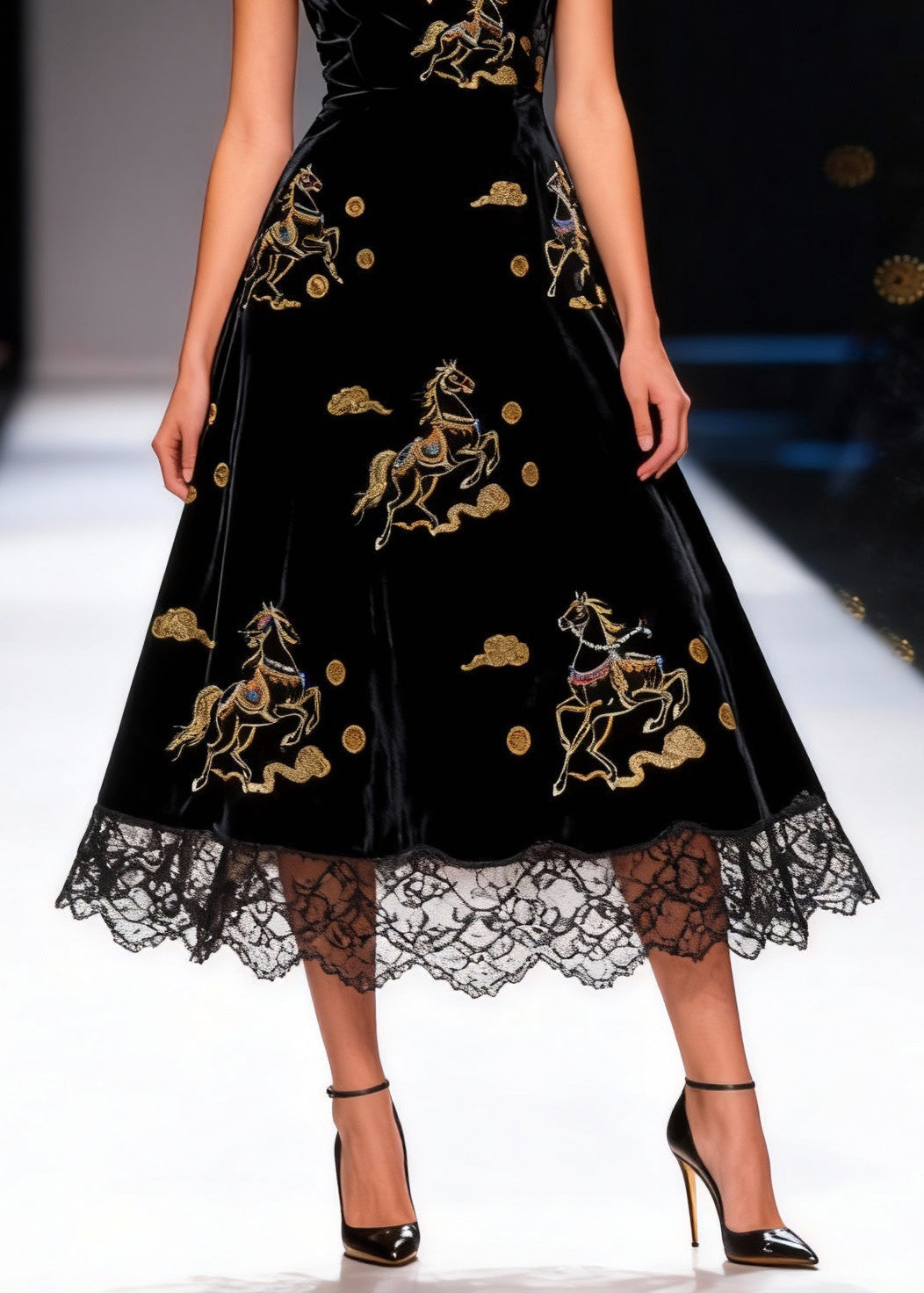 Velvet Deep V-Neck Sleeveless Horse Embroidered Lace Trim A-Line Midi Dress