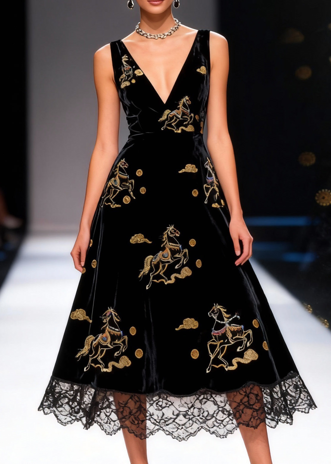 Velvet Deep V-Neck Sleeveless Horse Embroidered Lace Trim A-Line Midi Dress