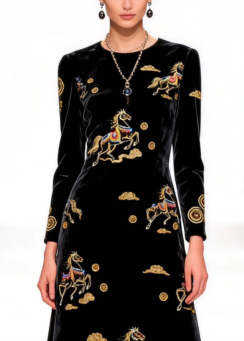 Velvet Round Neck Long Sleeve Horse Embroidered Scalloped Lace Hem Midi Dress