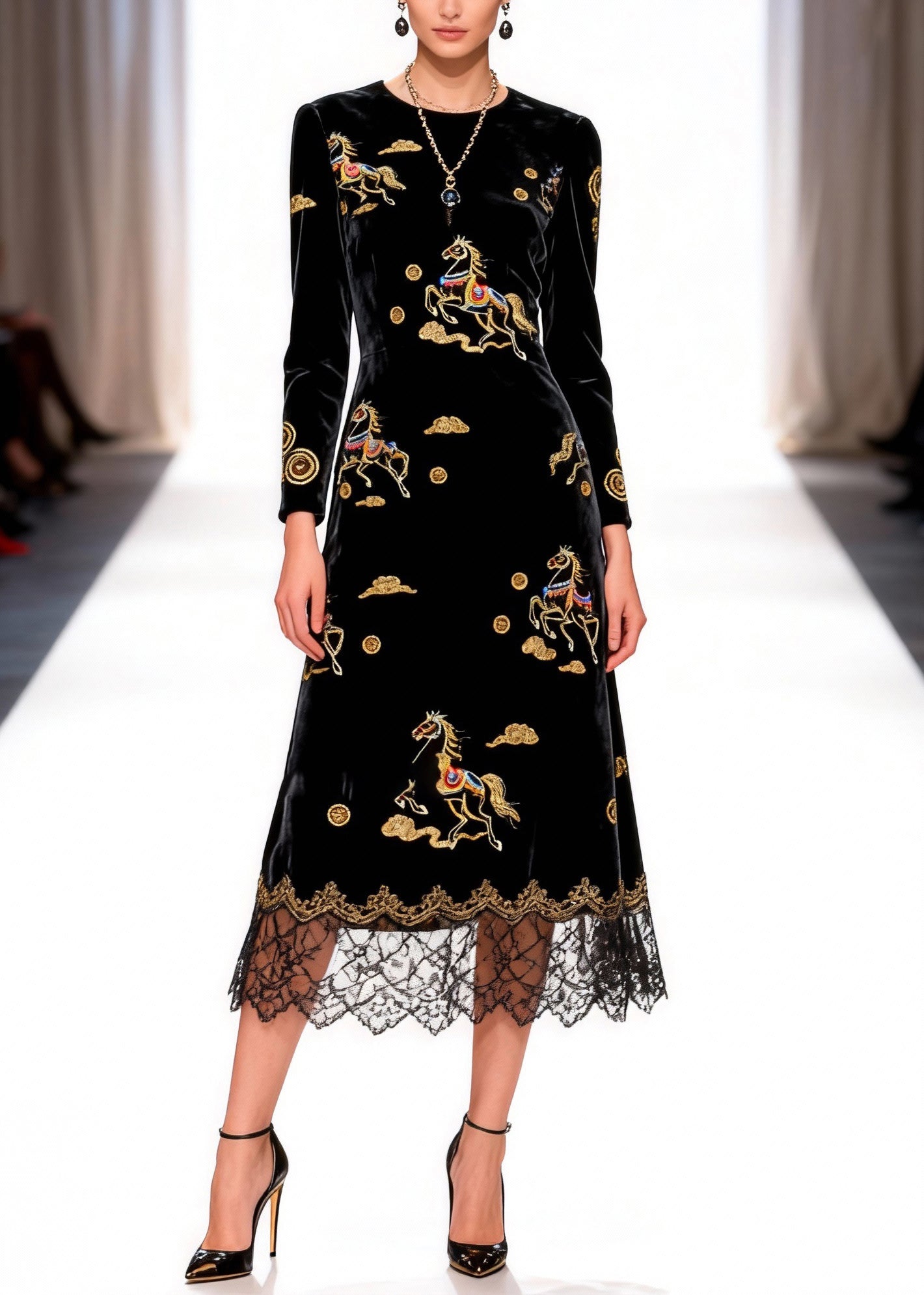 Velvet Round Neck Long Sleeve Horse Embroidered Scalloped Lace Hem Midi Dress