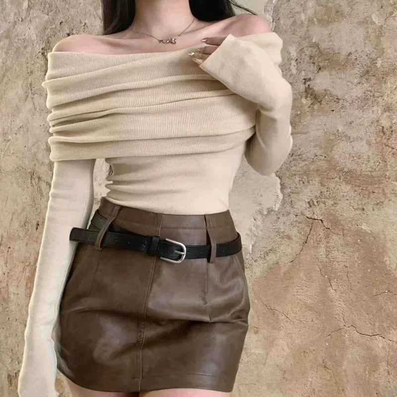 Off Shoulder Fold Over Long Sleeve Ribbed Knit Fitted Sweater 4