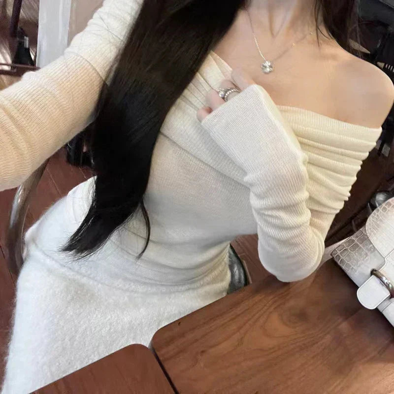 Off Shoulder Fold Over Long Sleeve Ribbed Knit Fitted Sweater 6