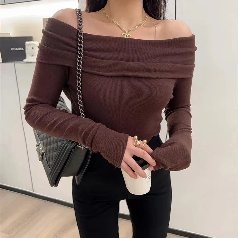 Sexy Slash Neck Pleated Knitted Sweater