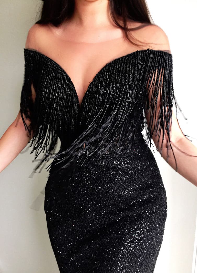 Sequin Off Shoulder Beaded Fringe Mermaid Maxi Gown