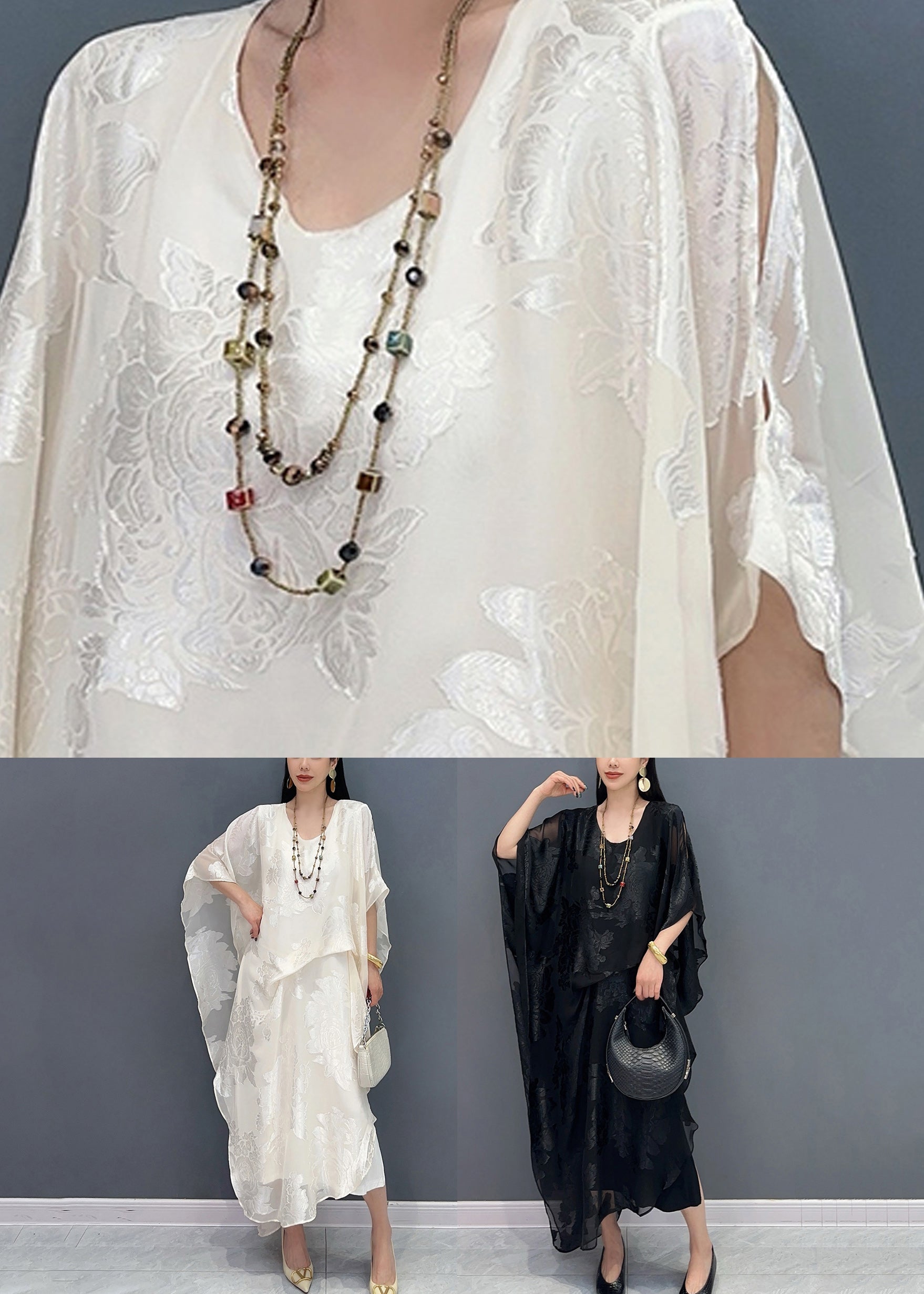 Floral Burnout Sheer V-Neck Batwing Sleeve Kaftan Maxi Dress