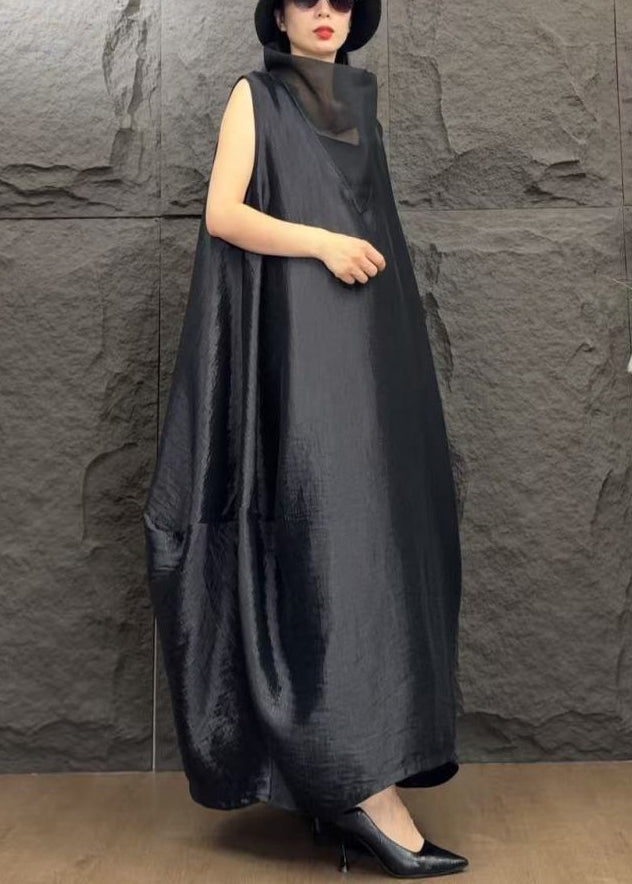 Sleeveless Funnel Neck Mesh Cut Out Oversized Cocoon Maxi Dress