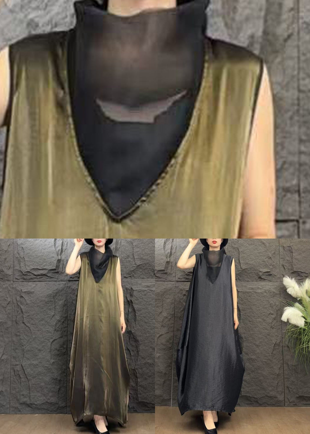 Sleeveless Funnel Neck Mesh Cut Out Oversized Cocoon Maxi Dress