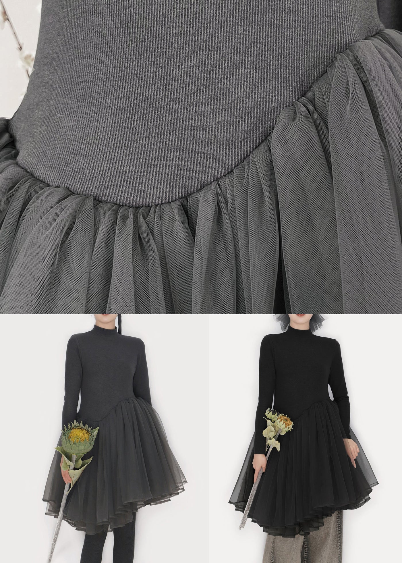 Black Solid Tulle Patchwork Winter Mini Dresses Turtleneck 5