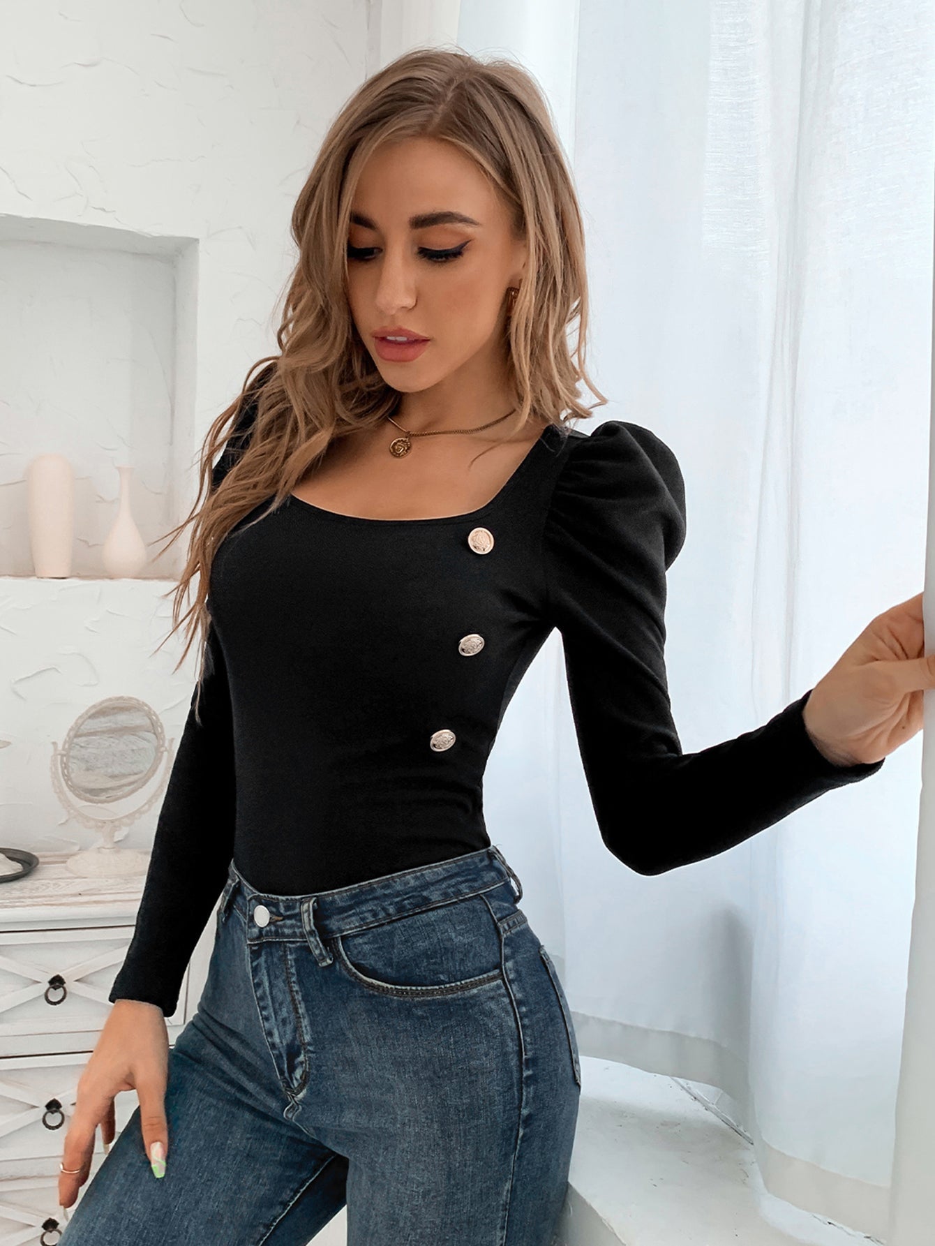 Black Square Neck Button Detail Leg-of-mutton Sleeve Top