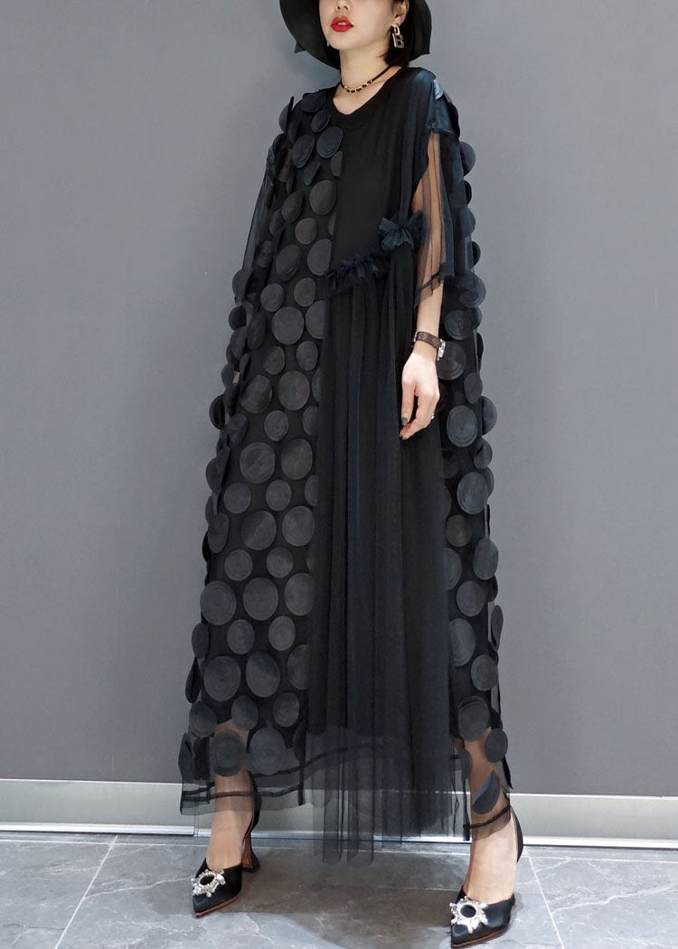 Mesh Asymmetrical Round Neck Elbow Sleeve Disc Applique Pleated Maxi Party Dress