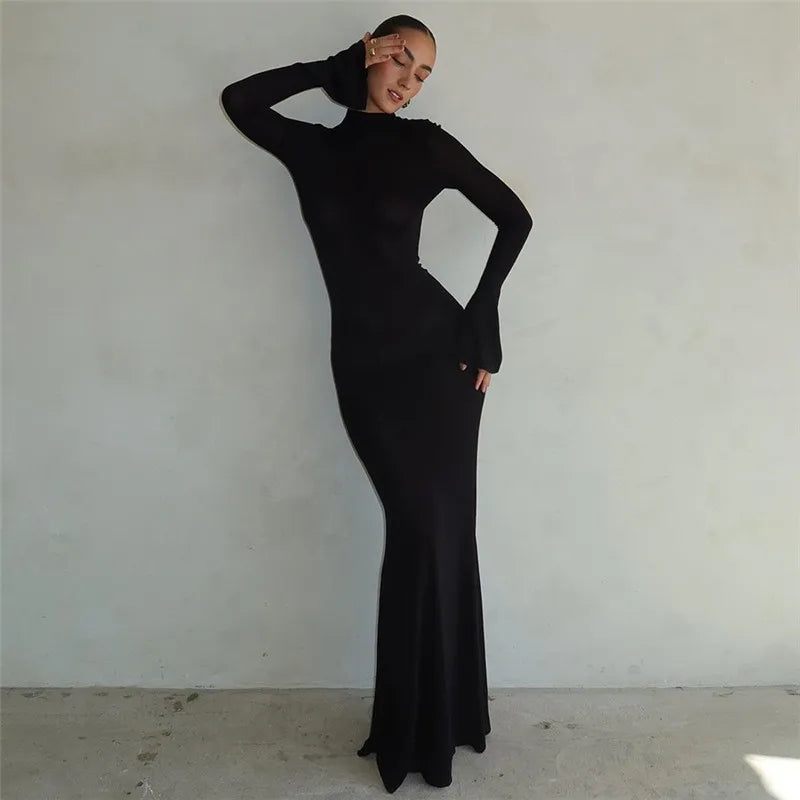 Mock Neck Long Sleeve Open Back Mermaid Maxi Dress 3