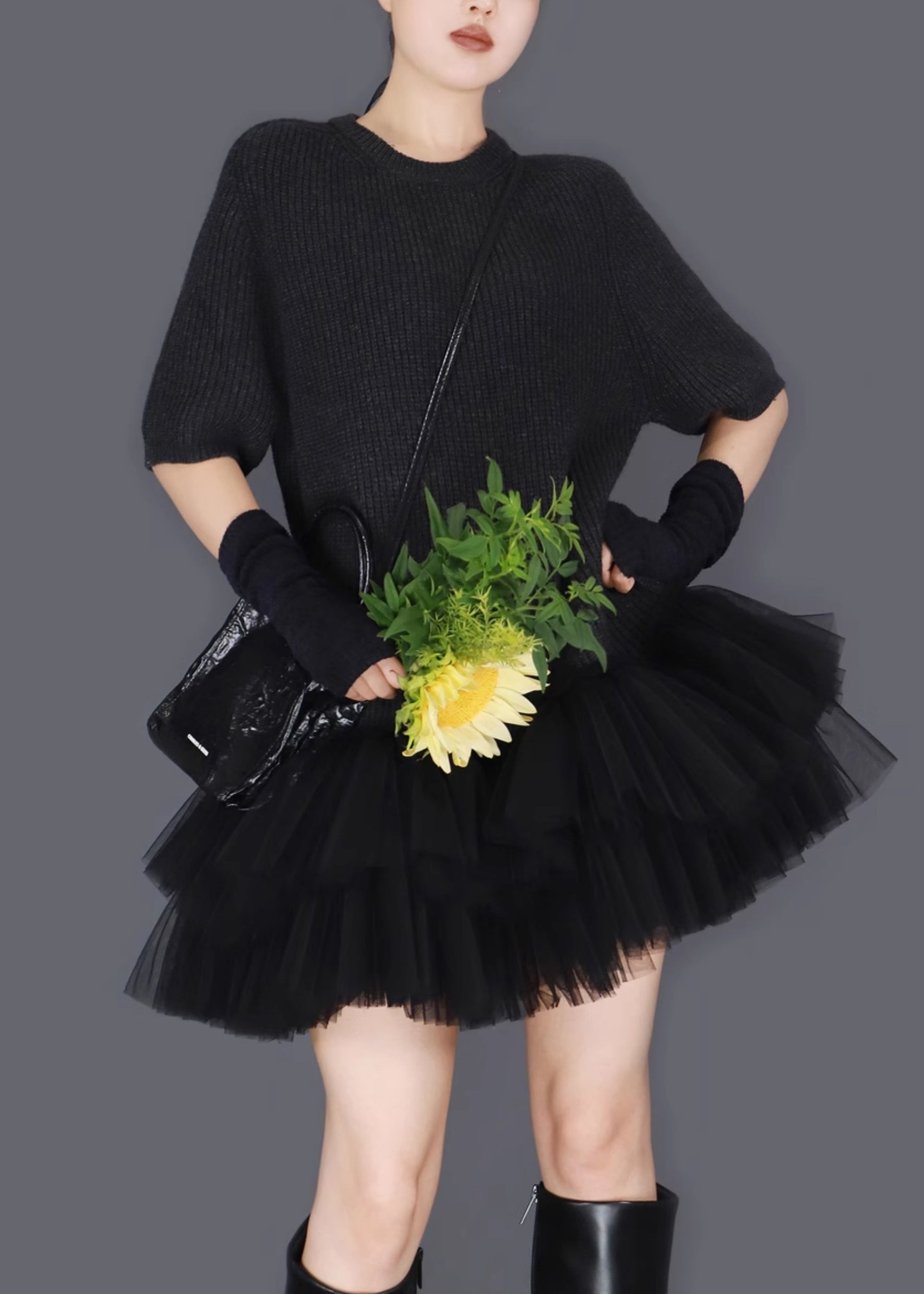 Tiered Tulle Crew Neck Short Sleeve Ribbed Knit Ruffle Mini Dress