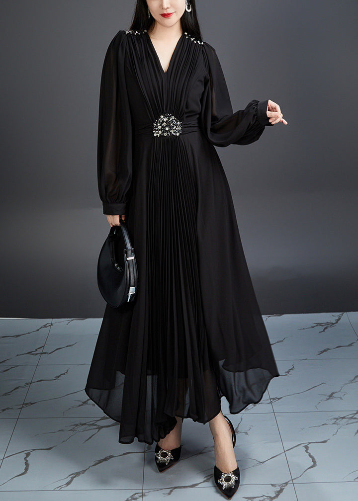 Black Zircon Chiffon Long Dresses V Neck Long Sleeve 4