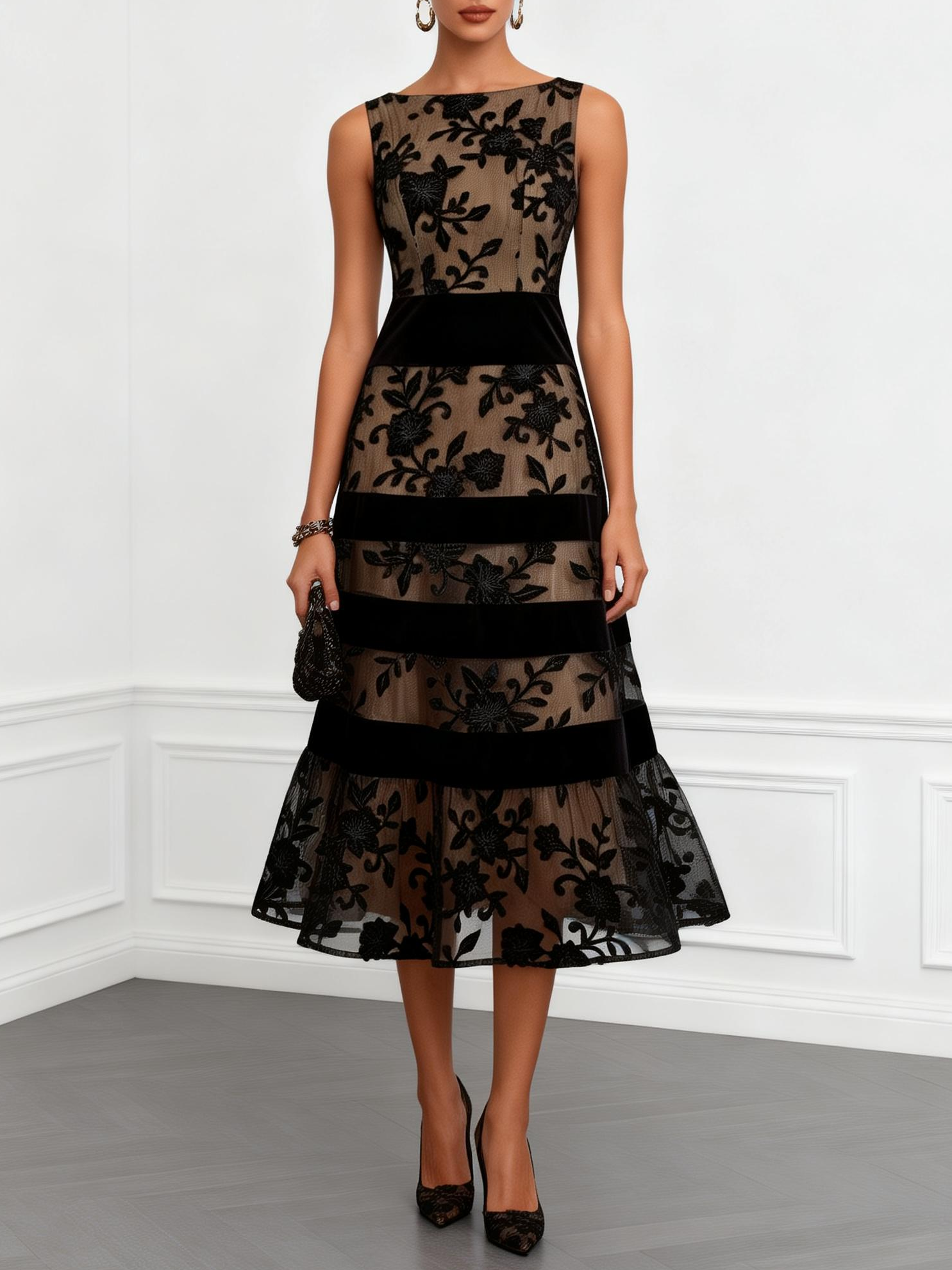 Floral Embroidered Mesh Sleeveless Tiered A-Line Midi Dress